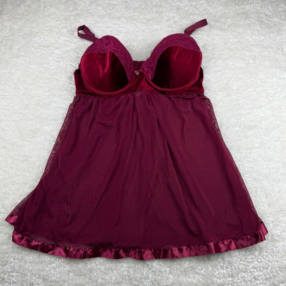 Daisy Fuentes Babydoll Chemise Womens 1X Burgundy Velvet Lace Mesh DF2182X